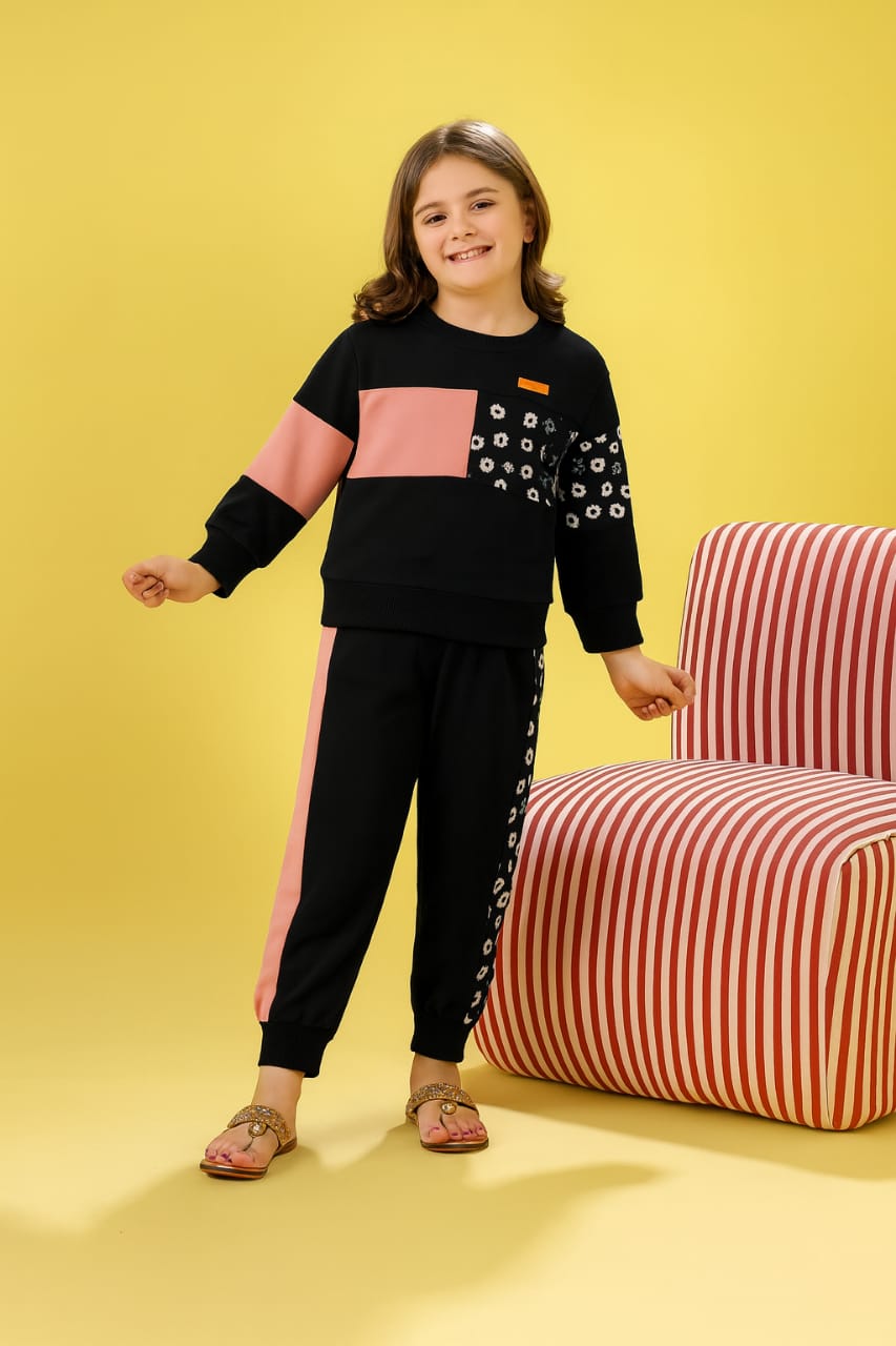 Pink Penal & White Flower Black Track-suit Girls