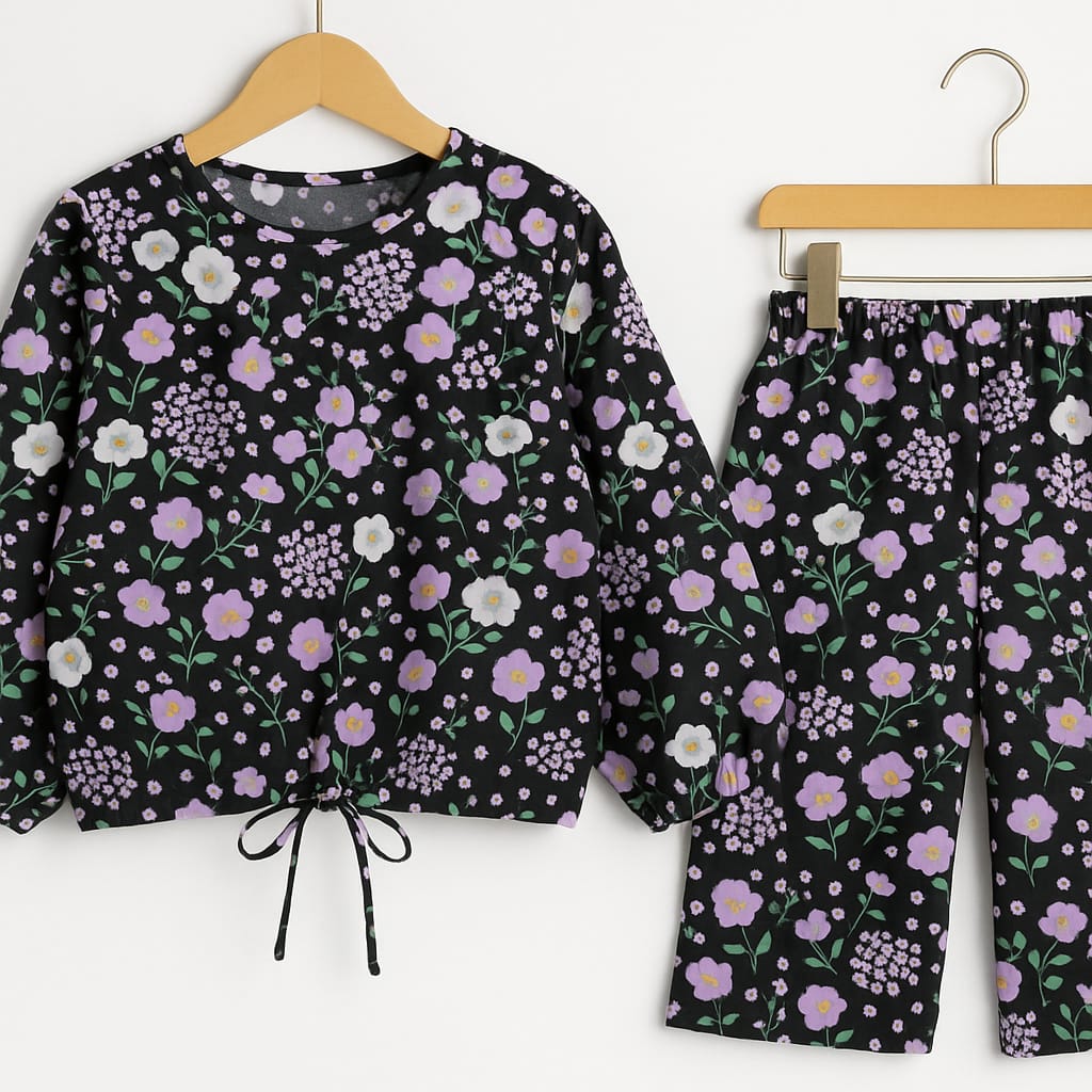 Light Purple & White Flower Full Sleeve Black Skate Fish Girls