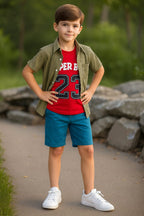 Super Baby Red Inner Mehndi Check Double Casual Shirt Boys