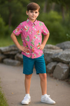 Flower All Over Print Half Sleeve Pink Casual Shirt Boys