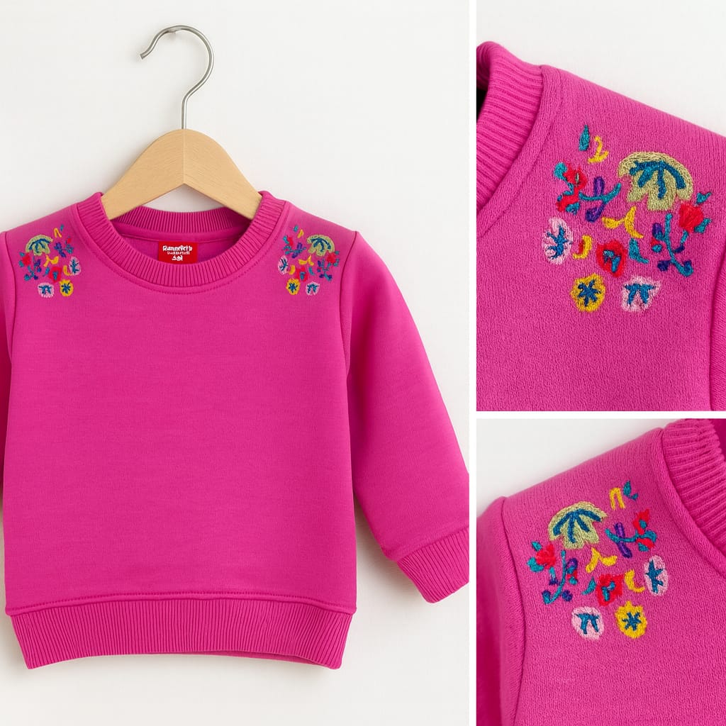 Two Side Embroidery Dark Pink Sweatshirt Girls