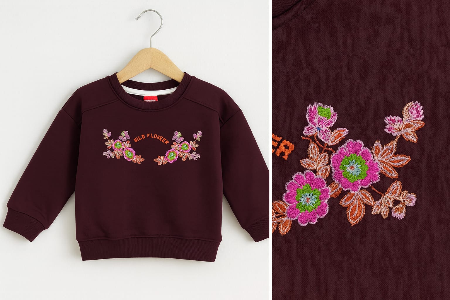 Wild Flower Embroidery Mahroon Sweatshirt Girls
