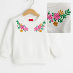 Pink Flower Embroidery White Sweatshirt Girls