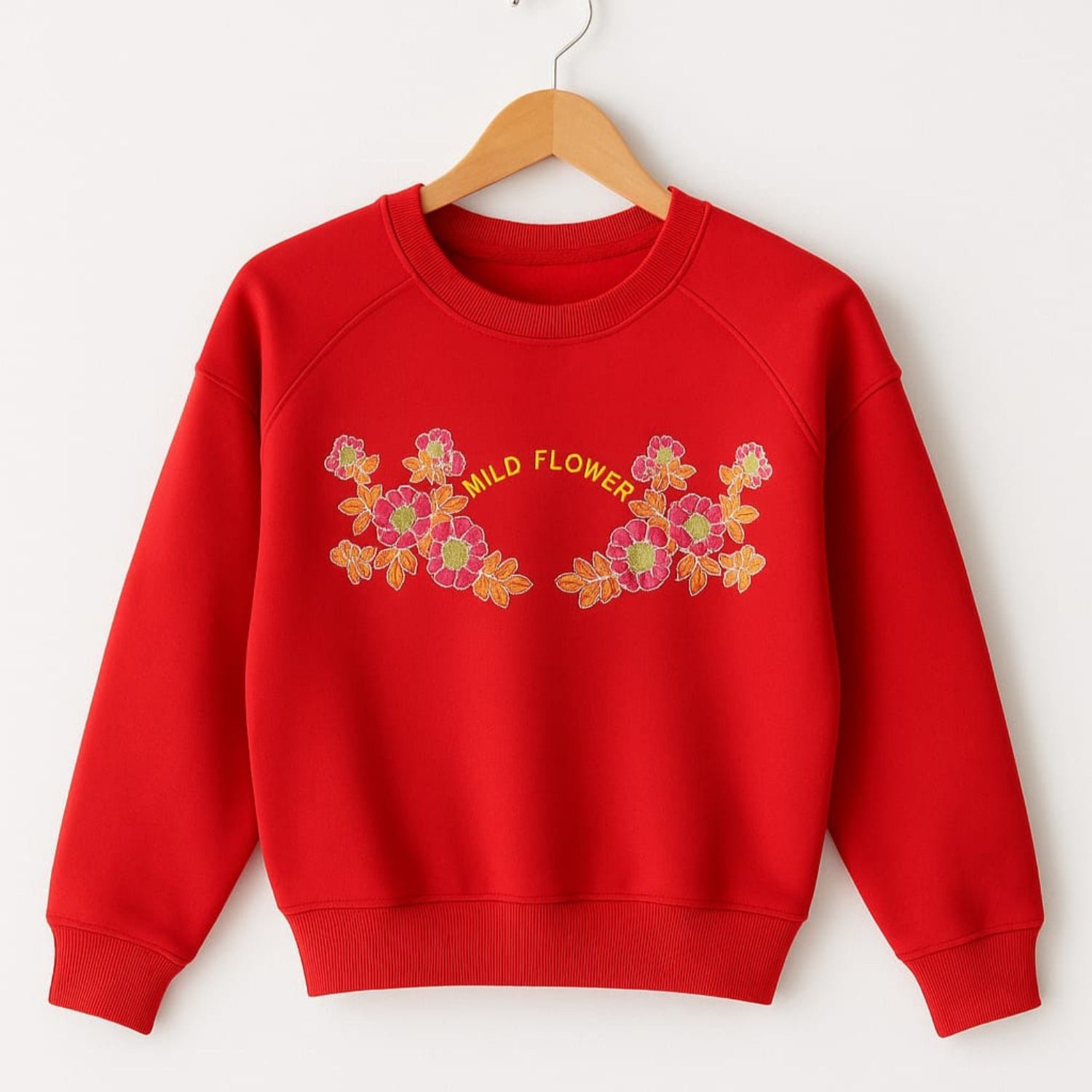 Wild Flower Embroidery Red Sweatshirt Girls