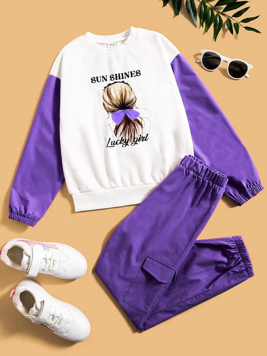 Sun Shine White Body Purple Arms Track-suit Girls