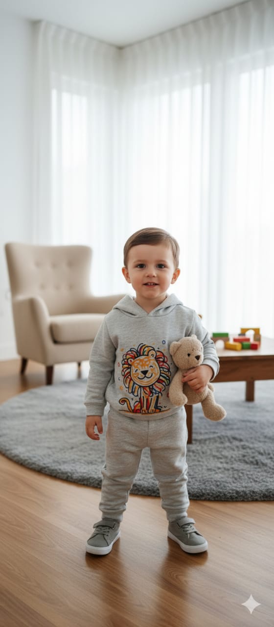 Lion Print From Side Oatmeal Hoodies Track-Suit Newborn