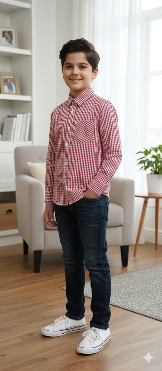 Red White Check Full Sleeve Casual Shirt Boys
