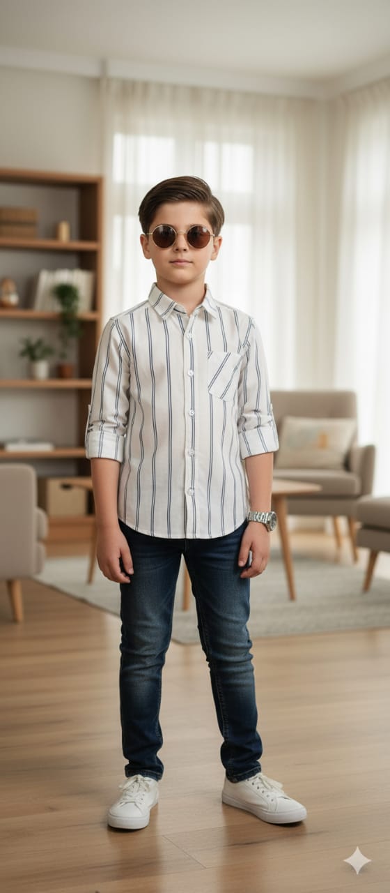 Black Lines Full Sleeve Off White Casual Shirt Boys