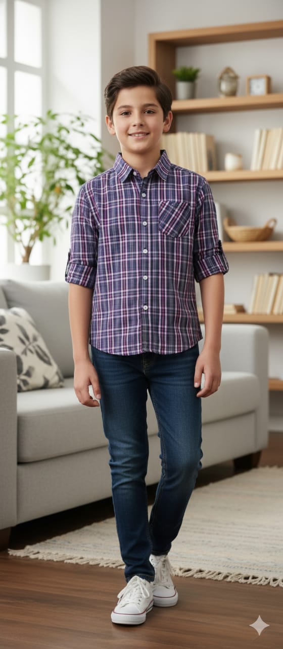 Pink Purple Check Full Sleeve Casual Shirt Boys