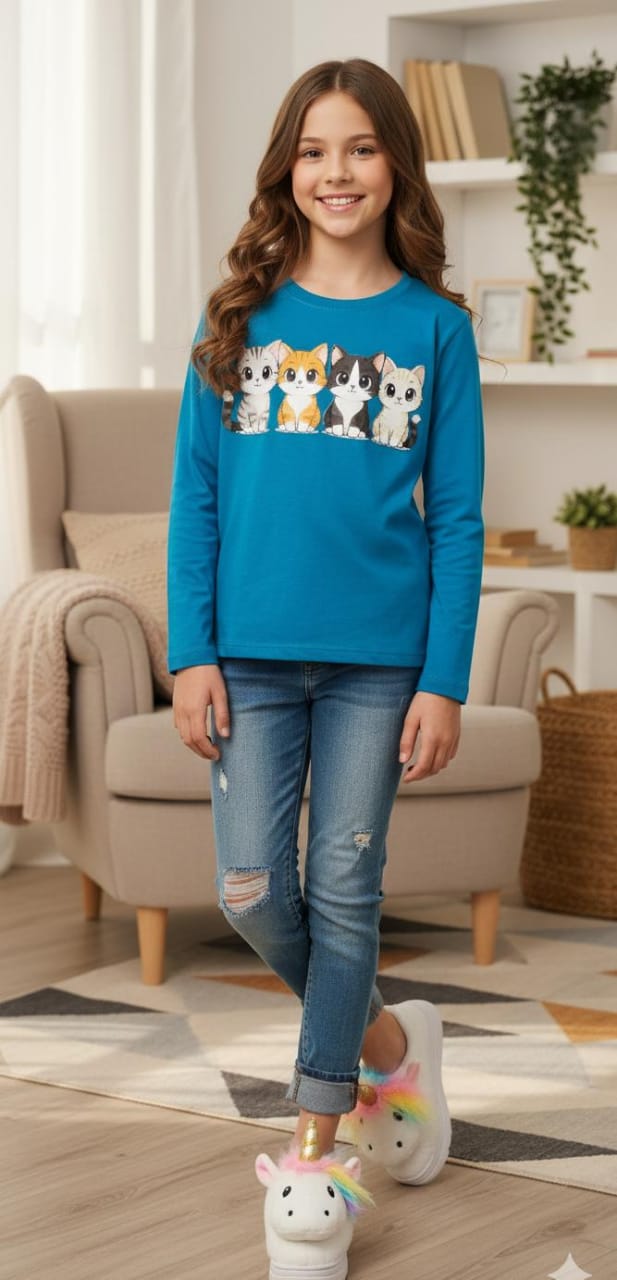 Multi Cat Full Sleeve Ferozi T-Shirt Girls