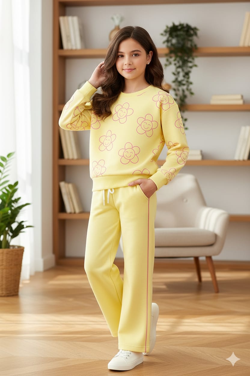 Pink Flower All Over Print Lemon Track-suit Girls ( R-76 ) Factory