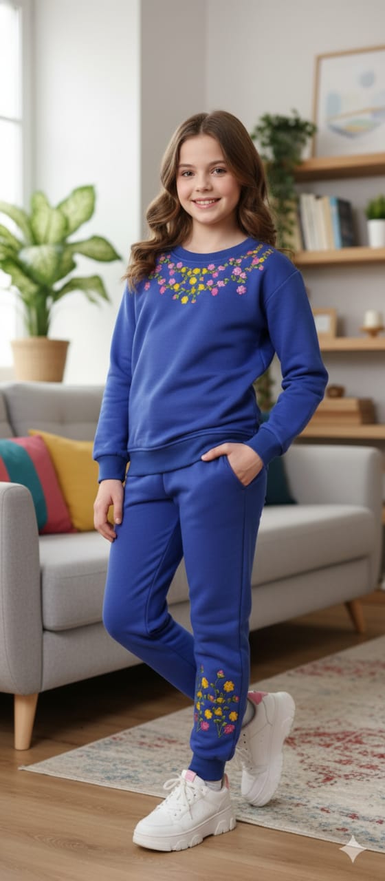 Blossom Charm Embroidery Royal Blue Track-suit Girls ( Factory )