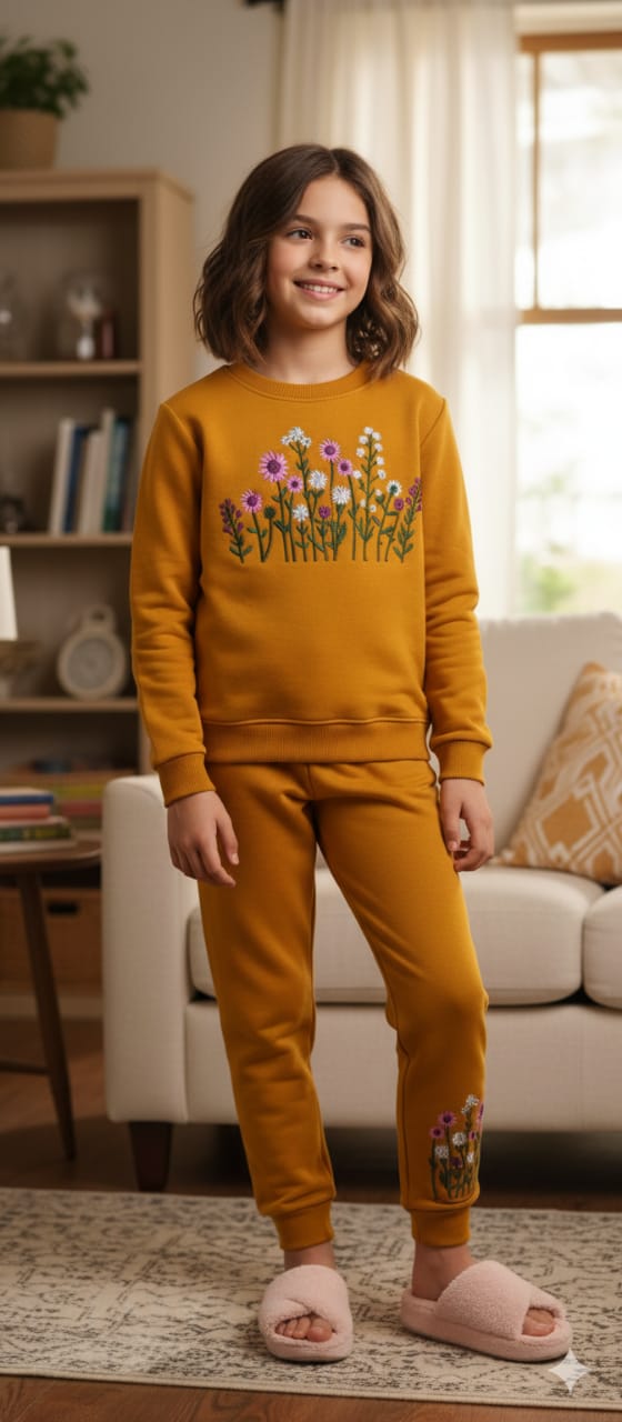 Sun Flower & Leaves Embroidery Mustered Track-suit Girls