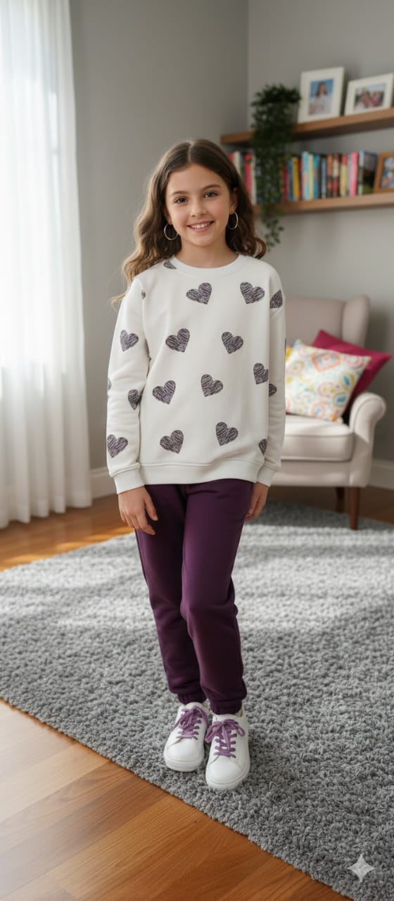 Brown Heart All Over Print Off White Track-suit Girls