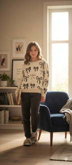 Black Bow All Over Print Off White Track-suit Girls