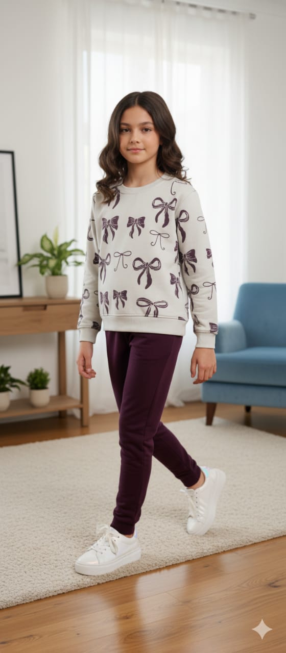 Brown Bow All Over Print Off White Track-suit Girls