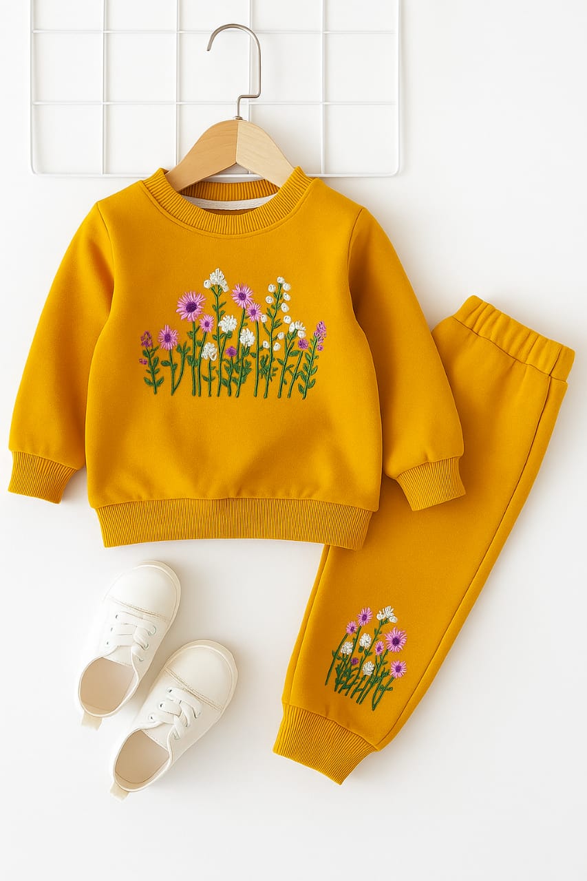 Sun Flower & Leaves Embroidery Mustered Track-suit Girls
