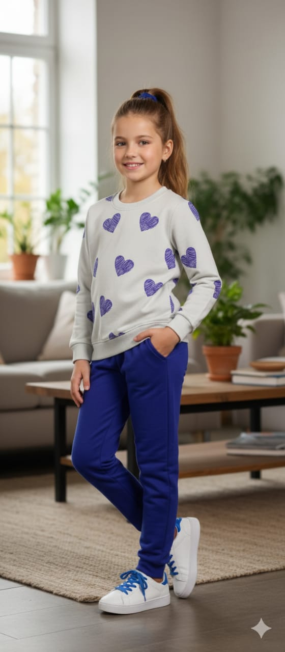 Blue Heart All Over Print Off White Track-suit Girls ( Factory )