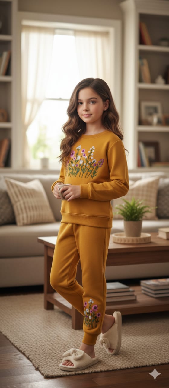 Sun Flower & Leaves Embroidery Mustered Track-suit Girls