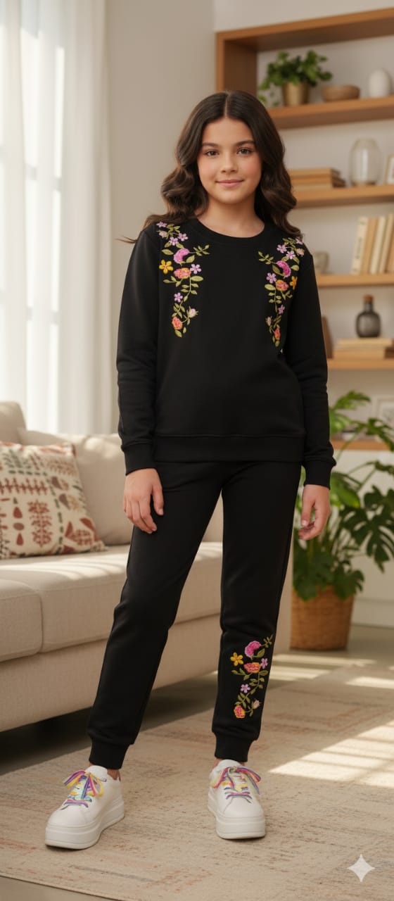 Both Side Embroidery Black Track-suit Girls