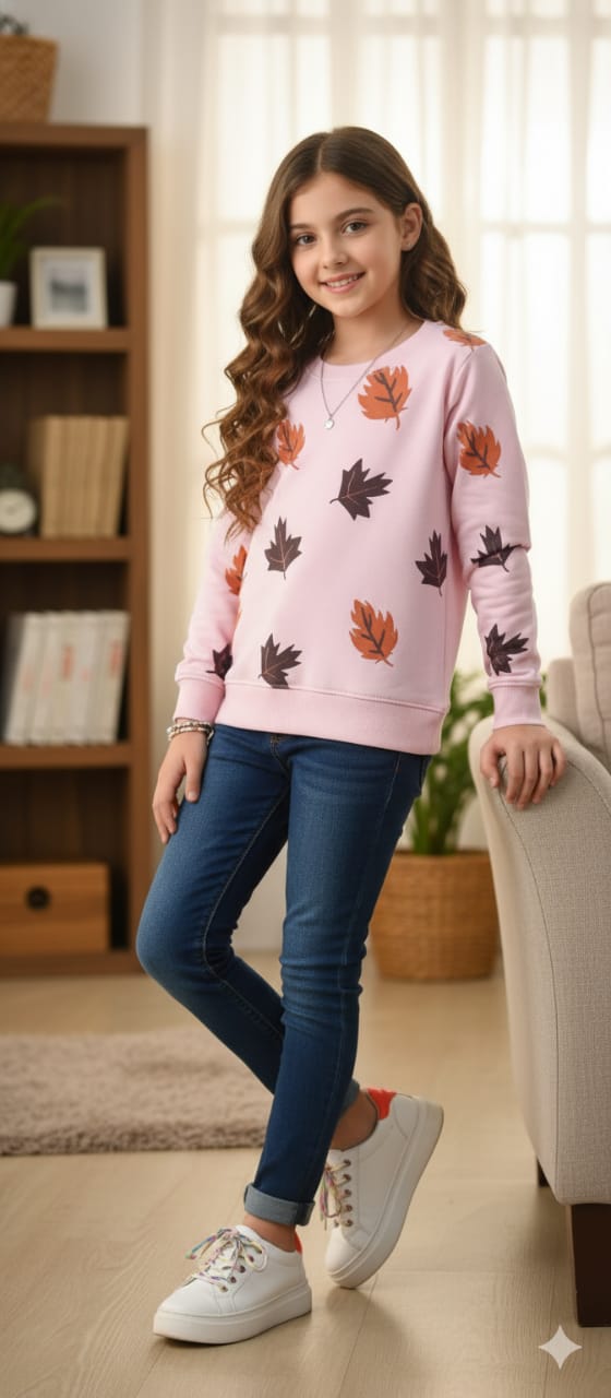 Leaves Printing Baby Pink Sweatshirt for Girls (R-249)