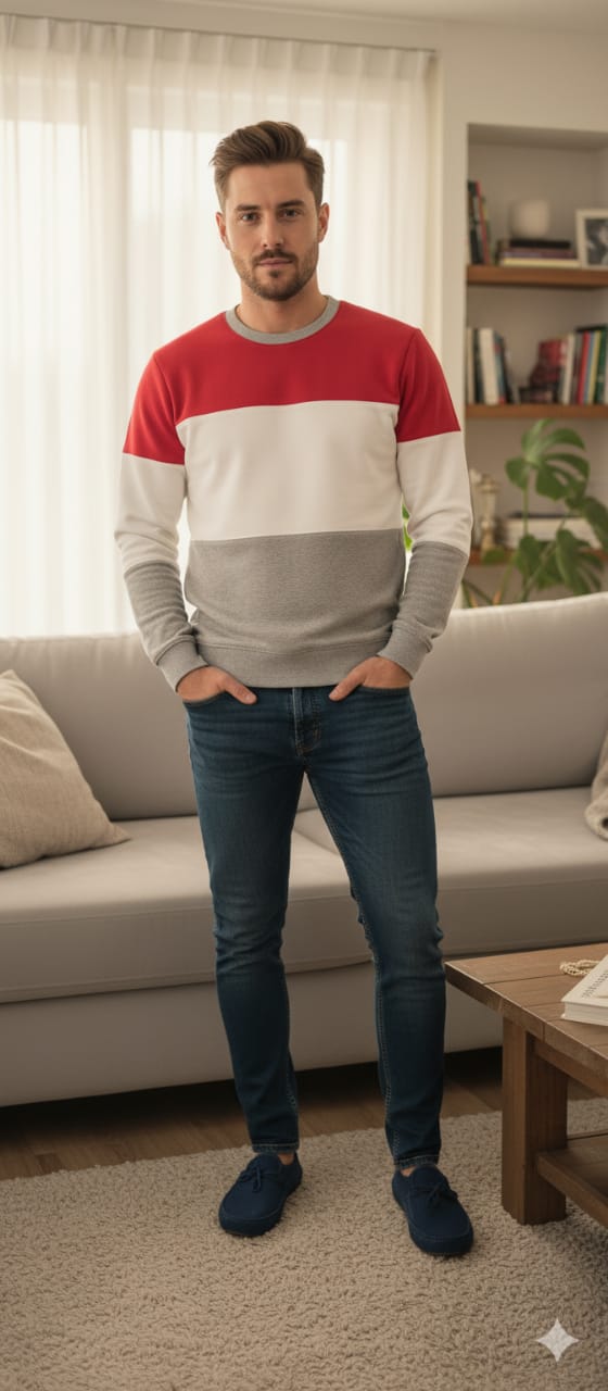 Red & Oatmeal Penal Sweatshirt Men's ( Factory )