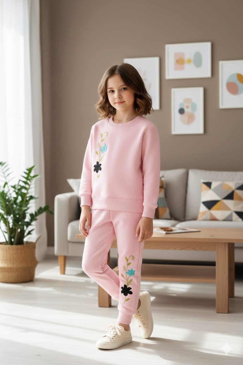 Twin Bloom Floral  Embroidery Baby Pink Track-suit Girls