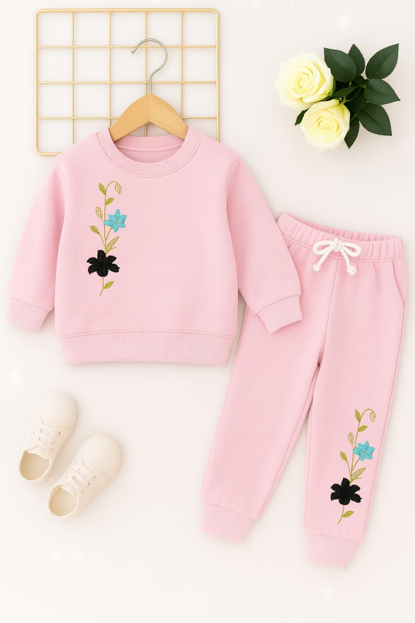 Twin Bloom Floral  Embroidery Baby Pink Track-suit Girls