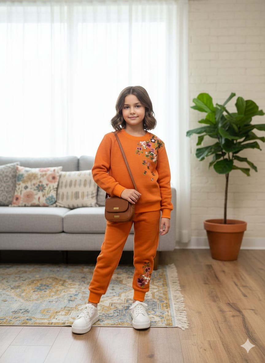 Right Side Embroidery Orange Track-suit Girls