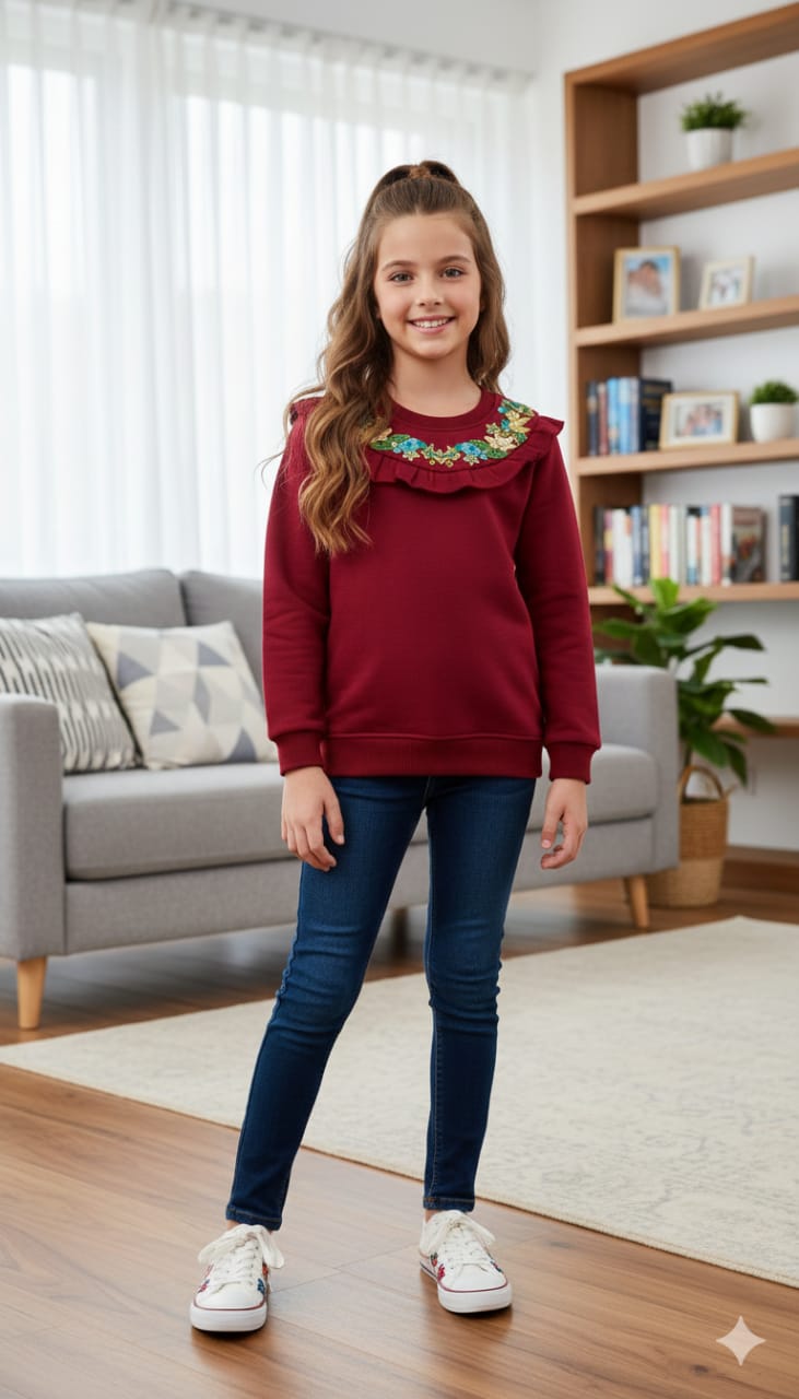 Floral Embroidery With Frill Mahroon Sweatshirt Girls