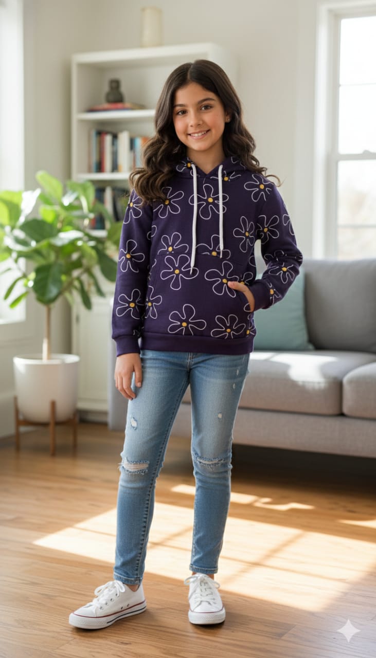 White Flower Dark Purple Hoodie for Girls ( R-44 )