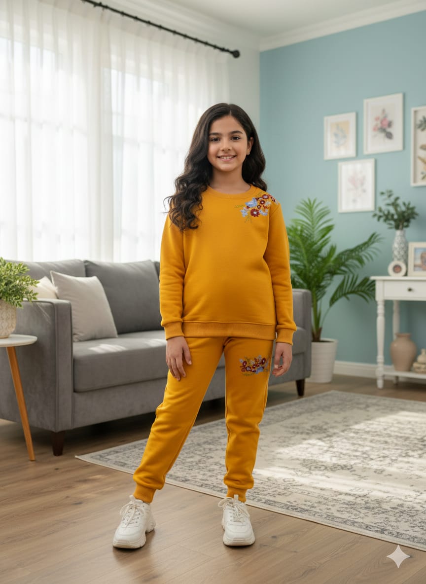 Amber Flowers Embroidery Mustard Track-suit Girls ( Factory )