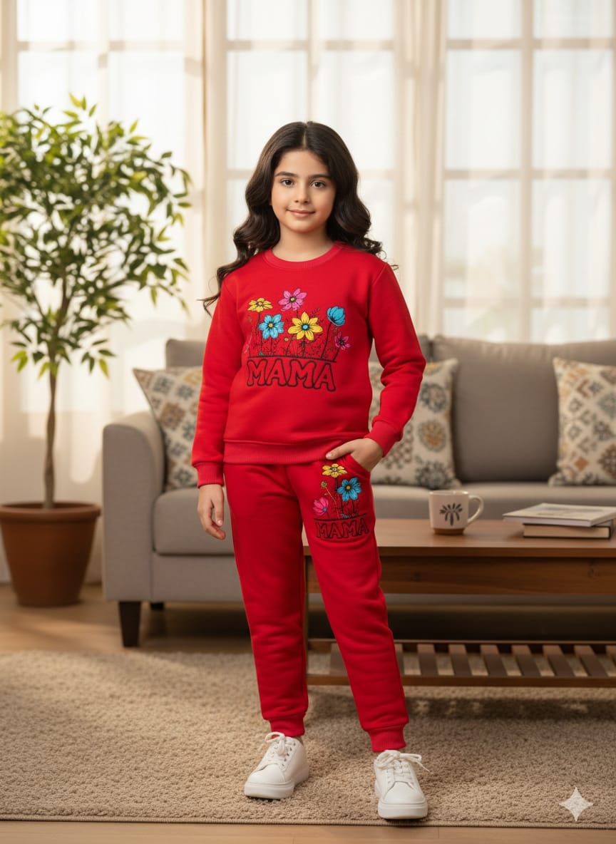 Mama Embroidery Red Track-suit Girls