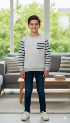Oatmeal Body Navy Lines Arms Sweatshirt Boys  ( R-140)