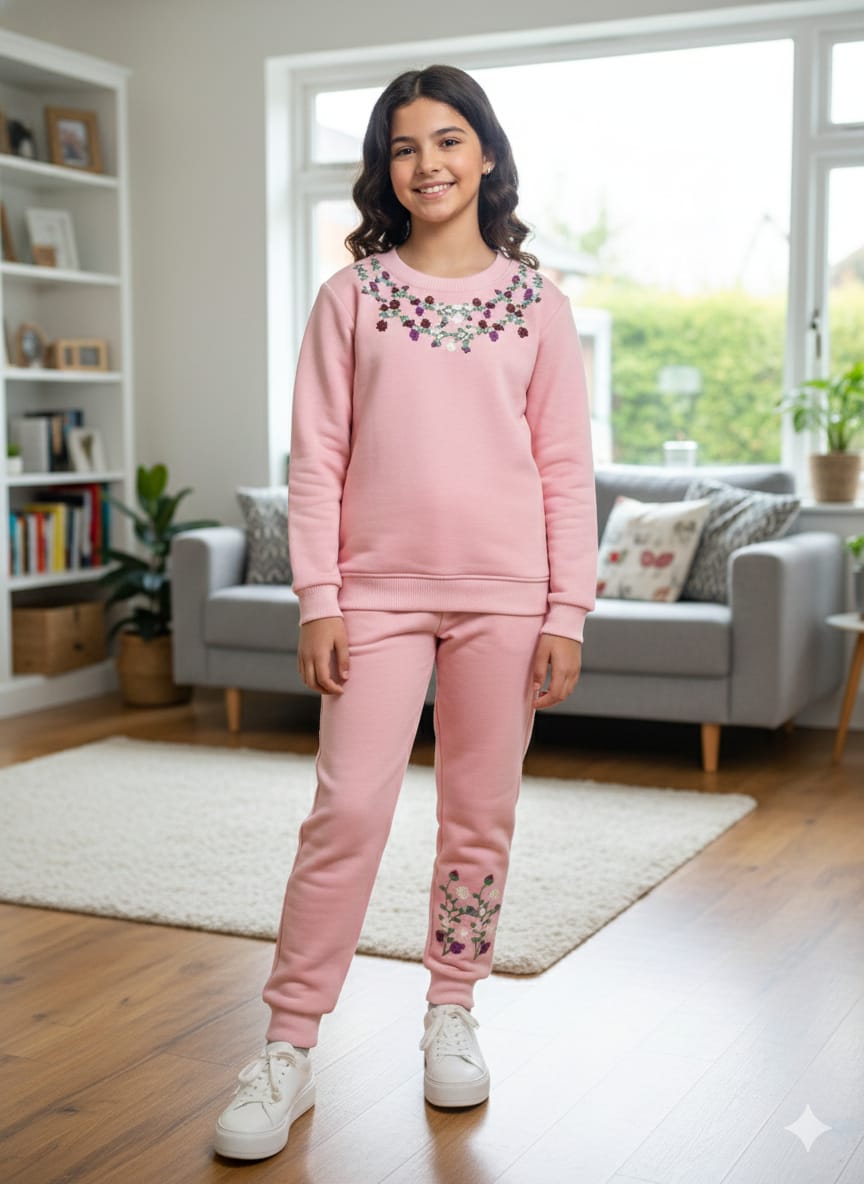 Blossom Charm Embroidery Baby Pink Track-suit Girls