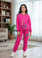 Doll With Cycle Embroidery Dark Pink Track-suit Girls