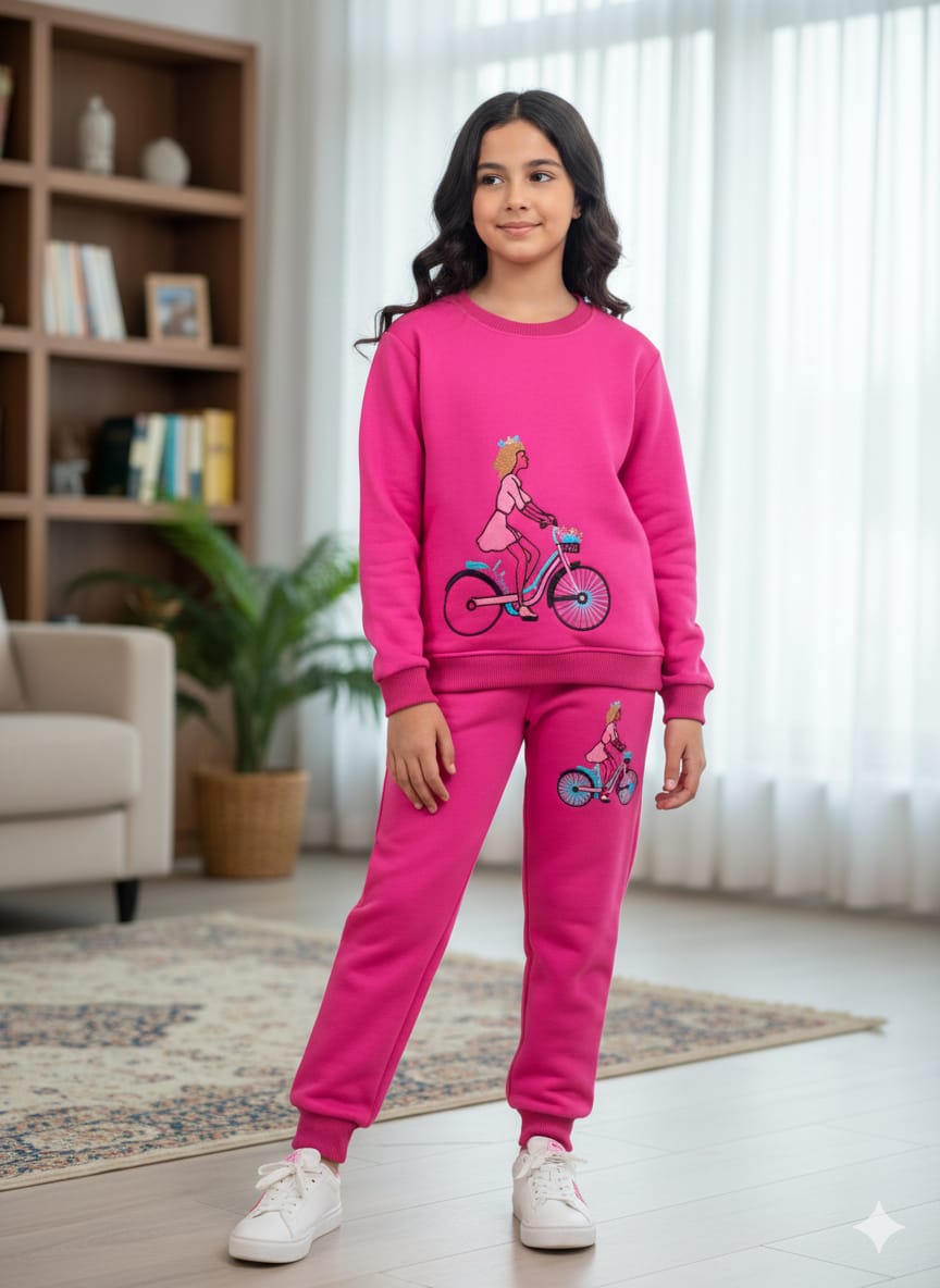 Doll With Cycle Embroidery Dark Pink Track-suit Girls