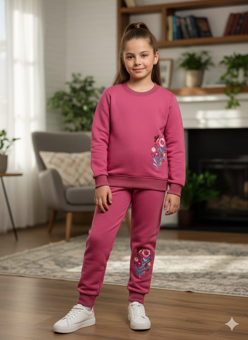 Rosy Bloom Embroidery Dark Pink Track-suit Girls