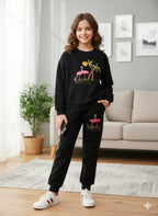 Flamingo With Tree Embroidery Black Track-suit Girls