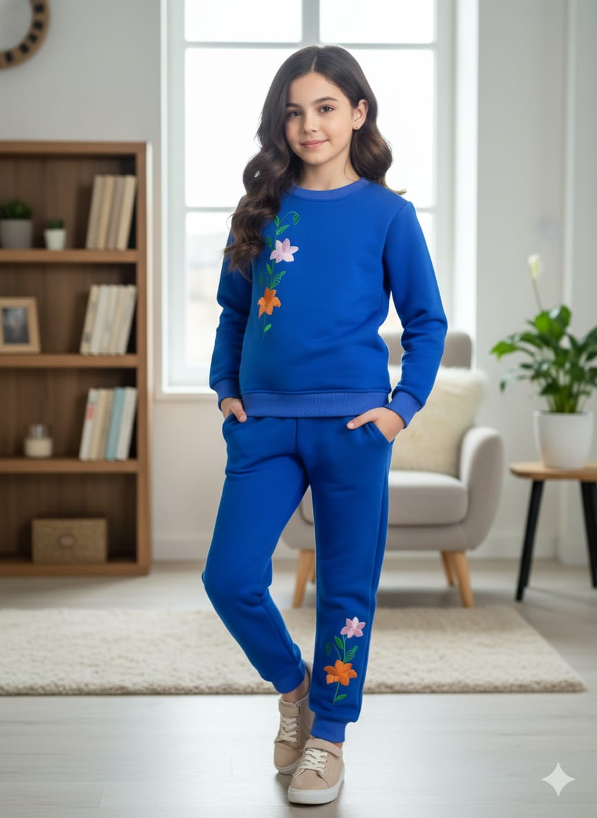 Twin Bloom Floral Embroidery Royal Blue Track-suit Girls (R-76)Factory
