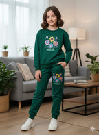 Smiley Flower Embroidery Green Track-suit Girls
