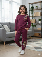 Rose Flower Embroidery Mahroon Track-suit Girls