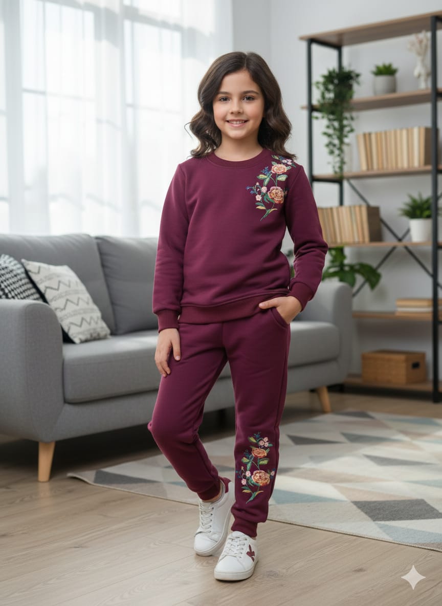 Rose Flower Embroidery Mahroon Track-suit Girls