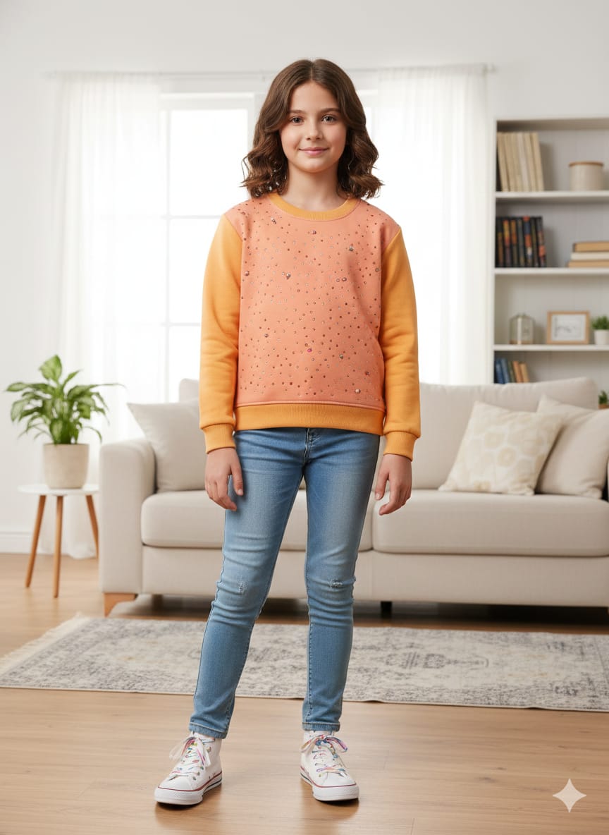 Sparkle Pearl Orange Sweatshirt for Girls ( R-39 )