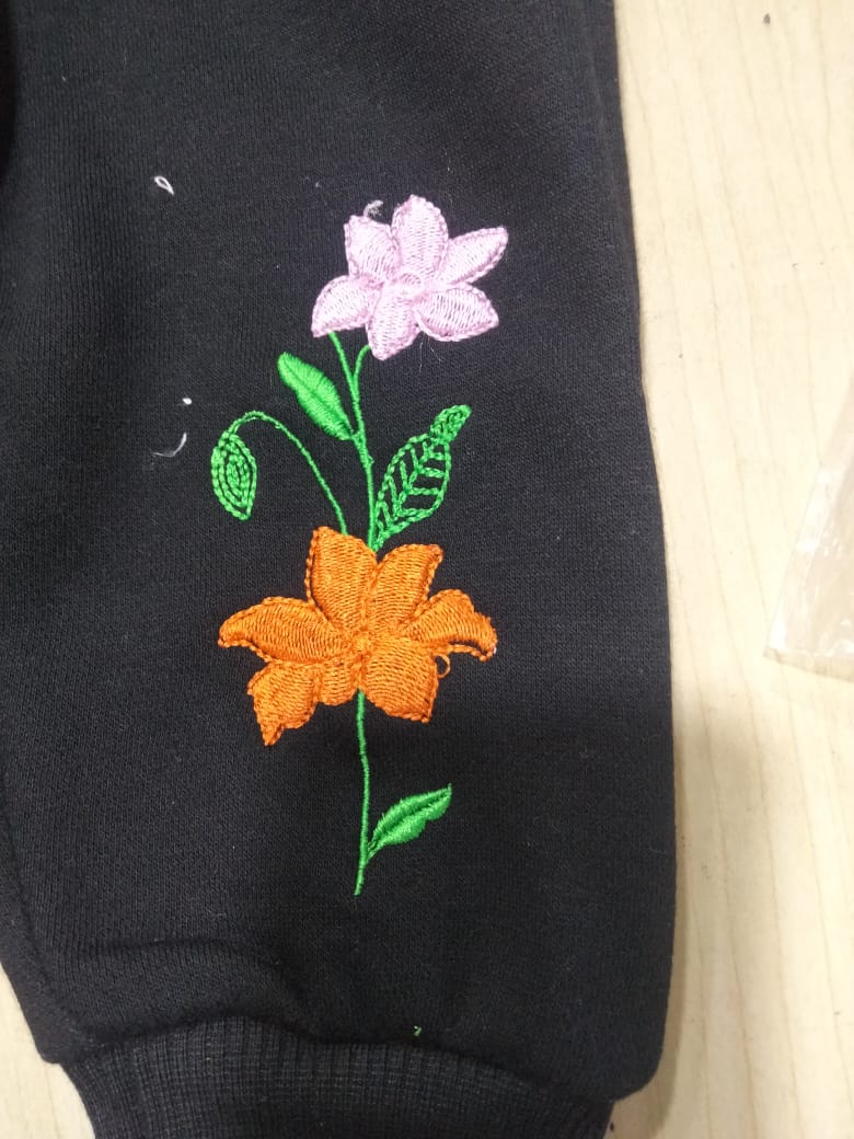 Twin Bloom Floral Embroidery Black Track-suit Girls