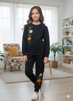 Twin Bloom Floral Embroidery Black Track-suit Girls