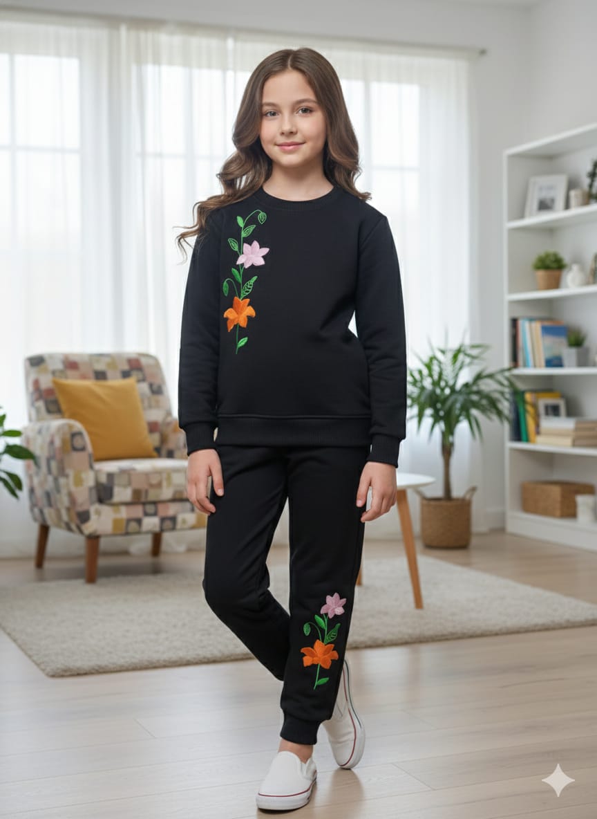 Twin Bloom Floral Embroidery Black Track-suit Girls