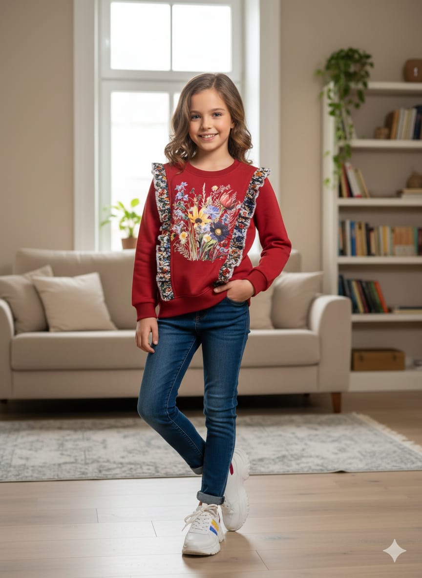 Multi Flower Red Sweatshirt Girls ( Factory )