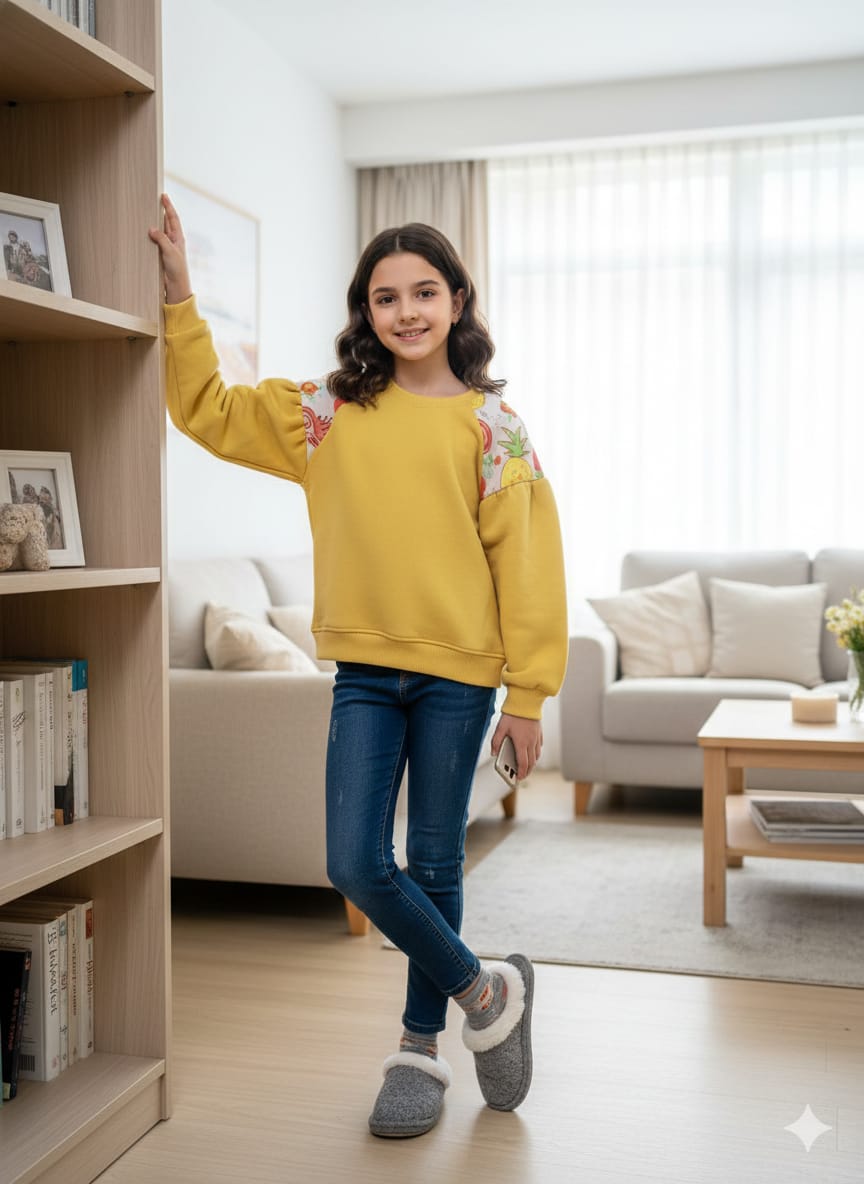 Print Shoulder Yellow Sweatshirt for Girls