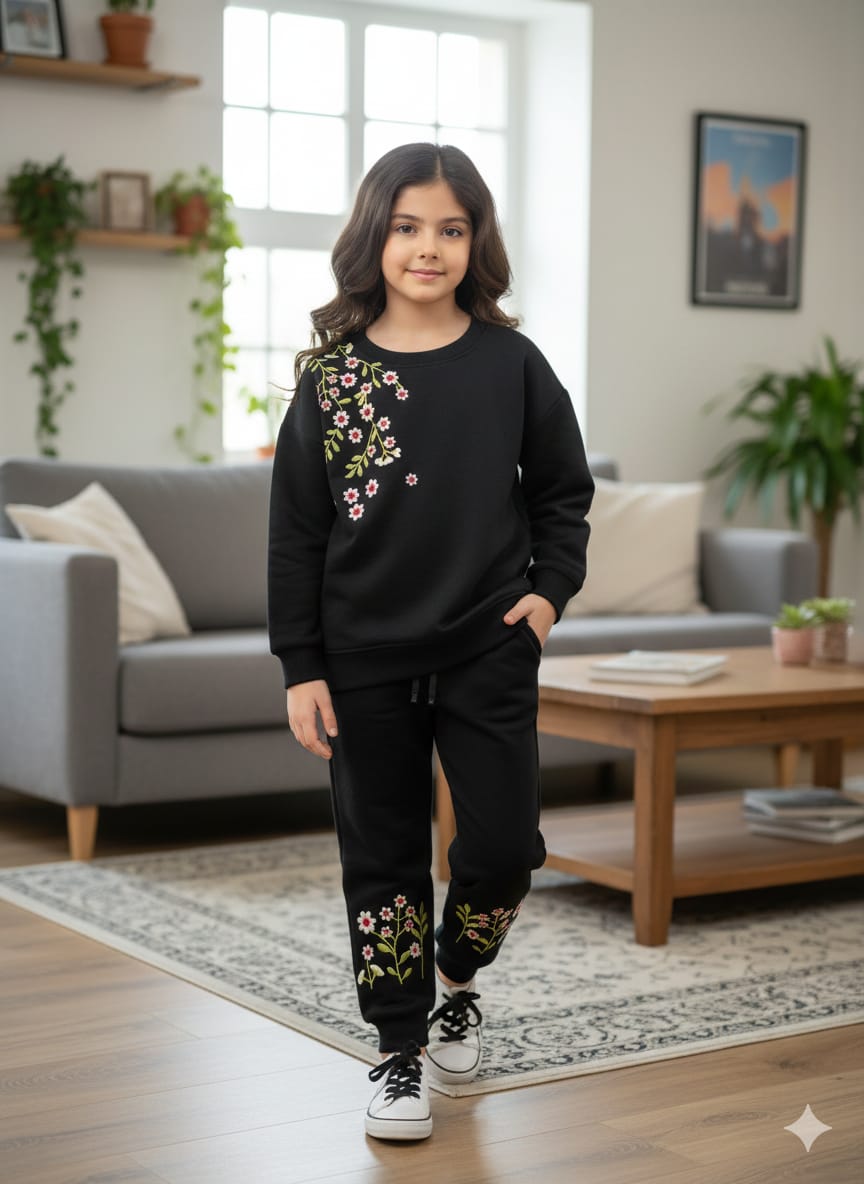 Petal Glow Embroidery Black Track-Suit Girls ( Factory )